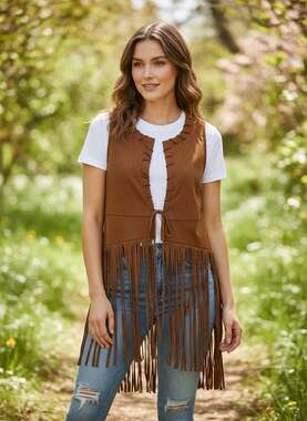 Hotouch Women's Brown Faux Suede Fringe Vest Western Tassel Sleeveless Cardigan